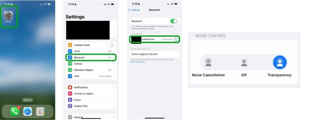 Instructions how to use Bluetooth to change the noise cancellation settings on Apple AirPods