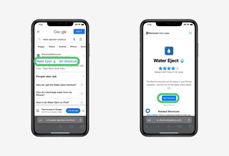 Directions how to download and install the Water Ejection shortcut on iPhone