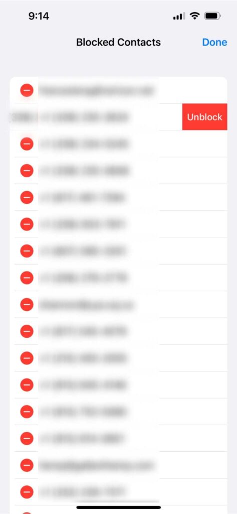 iPhone Blocked Contacts with Edit Enabled - Unblock