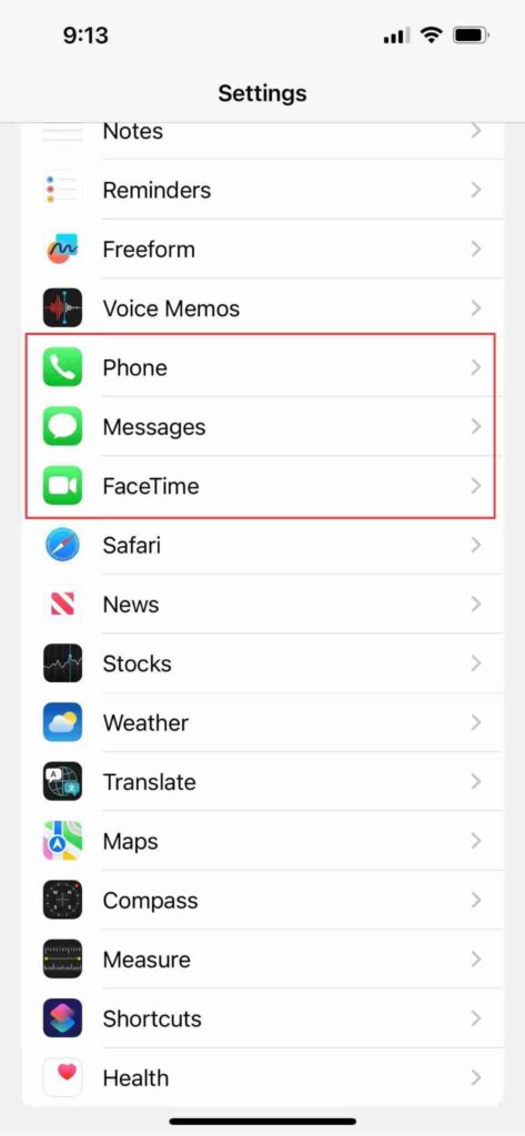 iPhone Settings Select Phone, Messages, or FaceTime