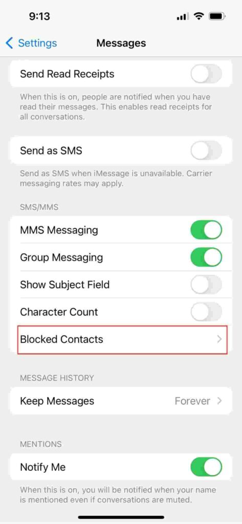 iPhone Messages Settings - Block Contacts Selected