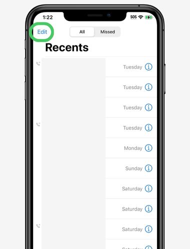 Tap Edit to begin to delete entire call history on iPhone