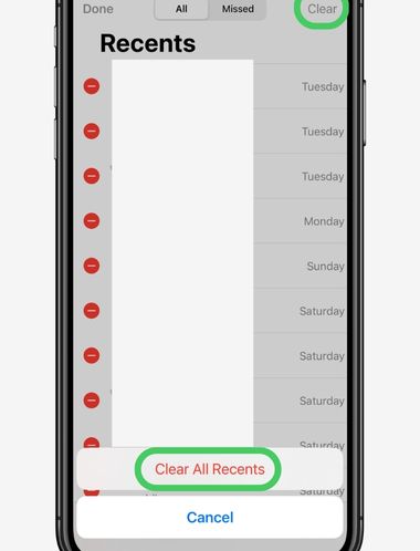 Tap clear and Clear all Recents to delete the entire call history on iPhone