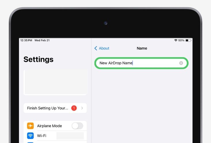 Instructions to change AirDrop name on iPad step 4. Edit the name.