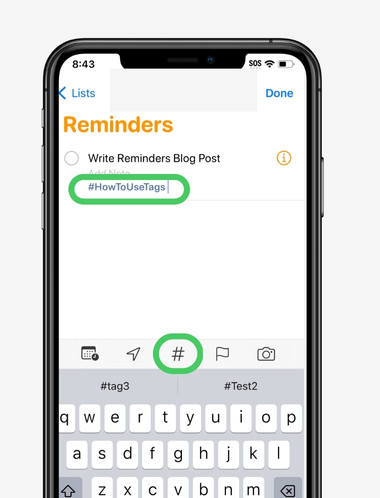 Image showing second way to assign tags to an Apple reminder on after we have learned how to setup a reminder on iphone.