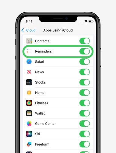 Image of the Apple Reminders toggle switch on the Apps using iCloud screen.