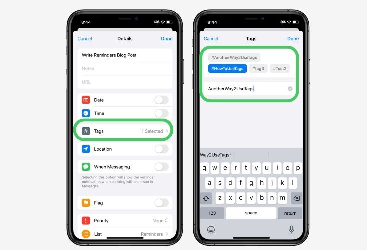 Image showing first way how to assign tags to an Apple reminder on iphone