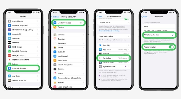 Instructions to enable location services on Apple Reminders.