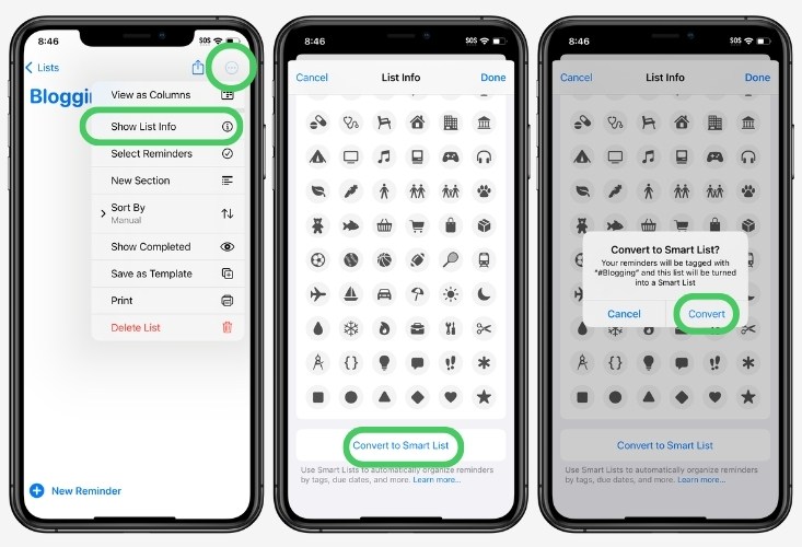 Instructions to convert standard list to smart list in Apple Reminders.