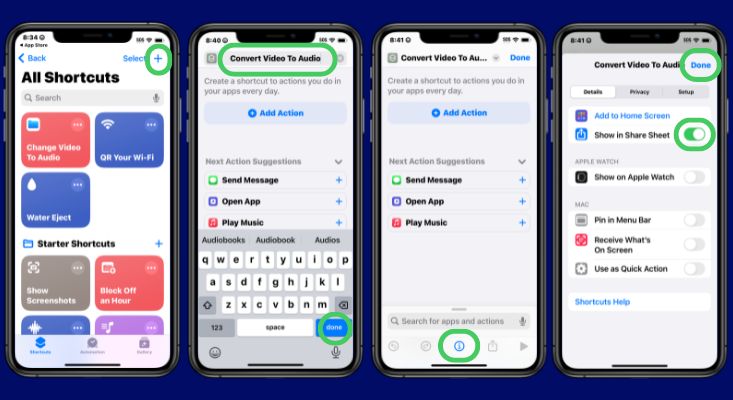 Steps to setup new shortcut to convert video to audio on an iPhone.